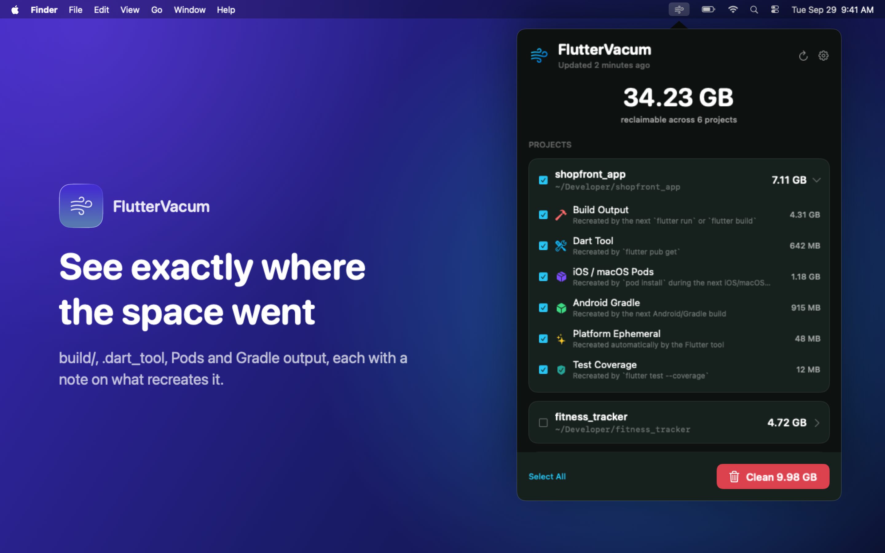 FlutterVacum showing the storage breakdown for an individual Flutter project