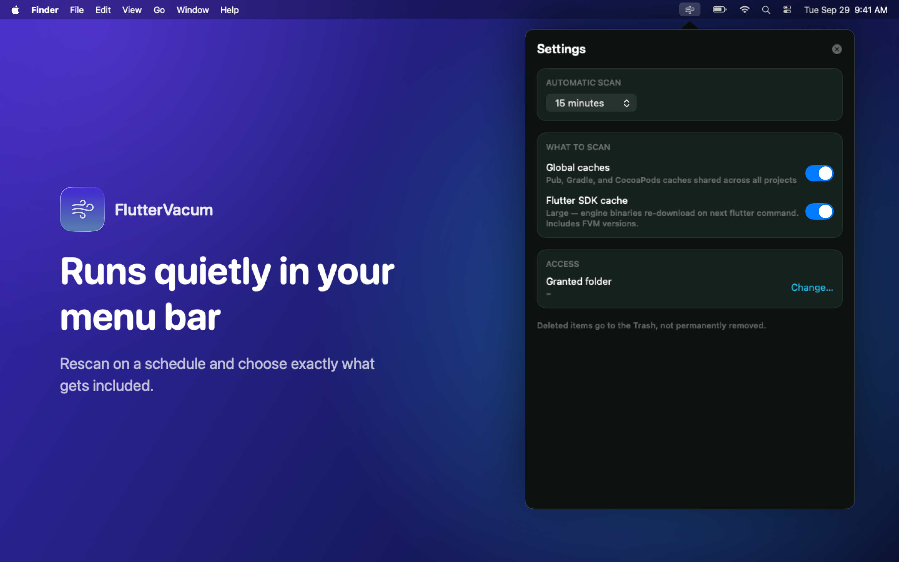 FlutterVacum menu bar settings